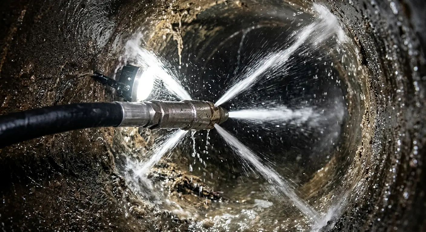 High-pressure hydro jetting nozzle cleaning sewer pipe for Emergency Drain Service in Battlement Mesa
