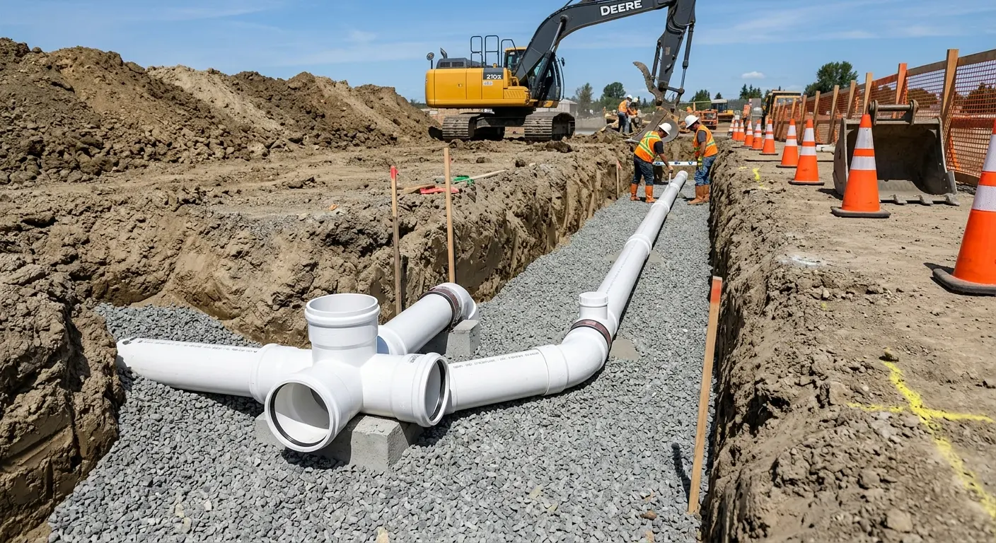 New PVC sewer pipe installation in open trench for Commercial Drain Cleaning in Battlement Mesa
