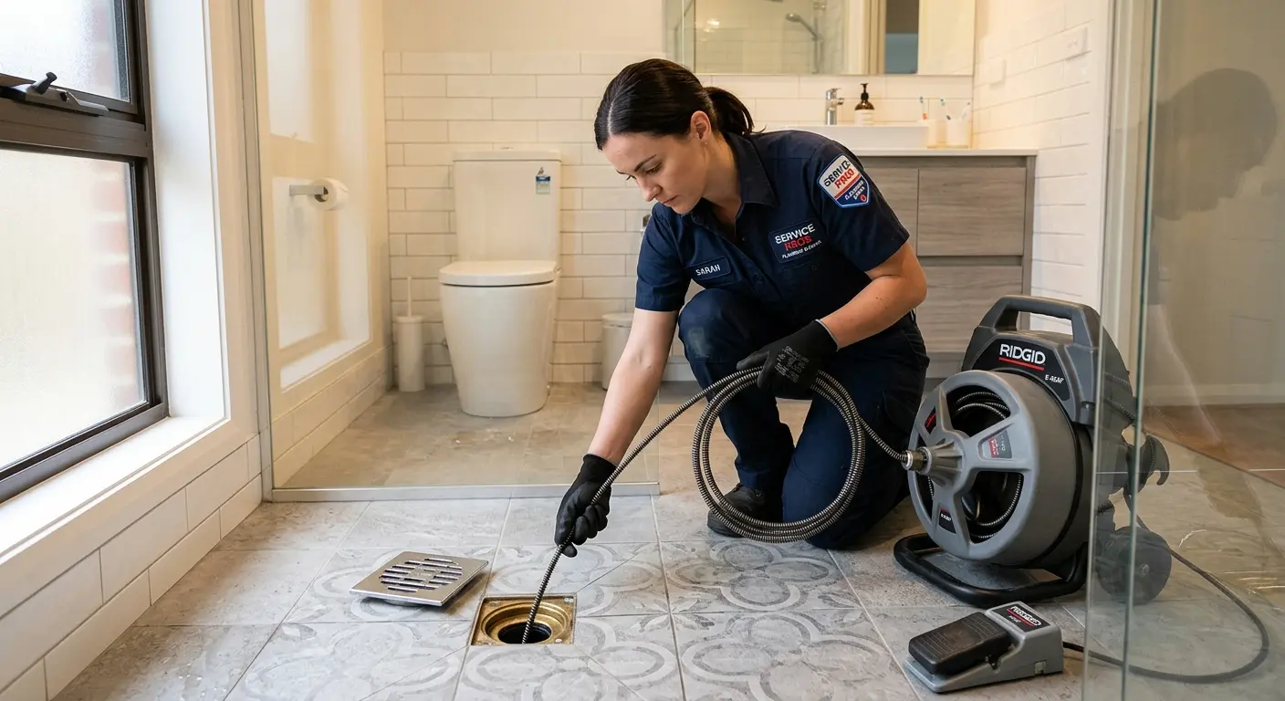 Technician clearing a bathroom floor drain for Clogged Drain Repair in Battlement Mesa